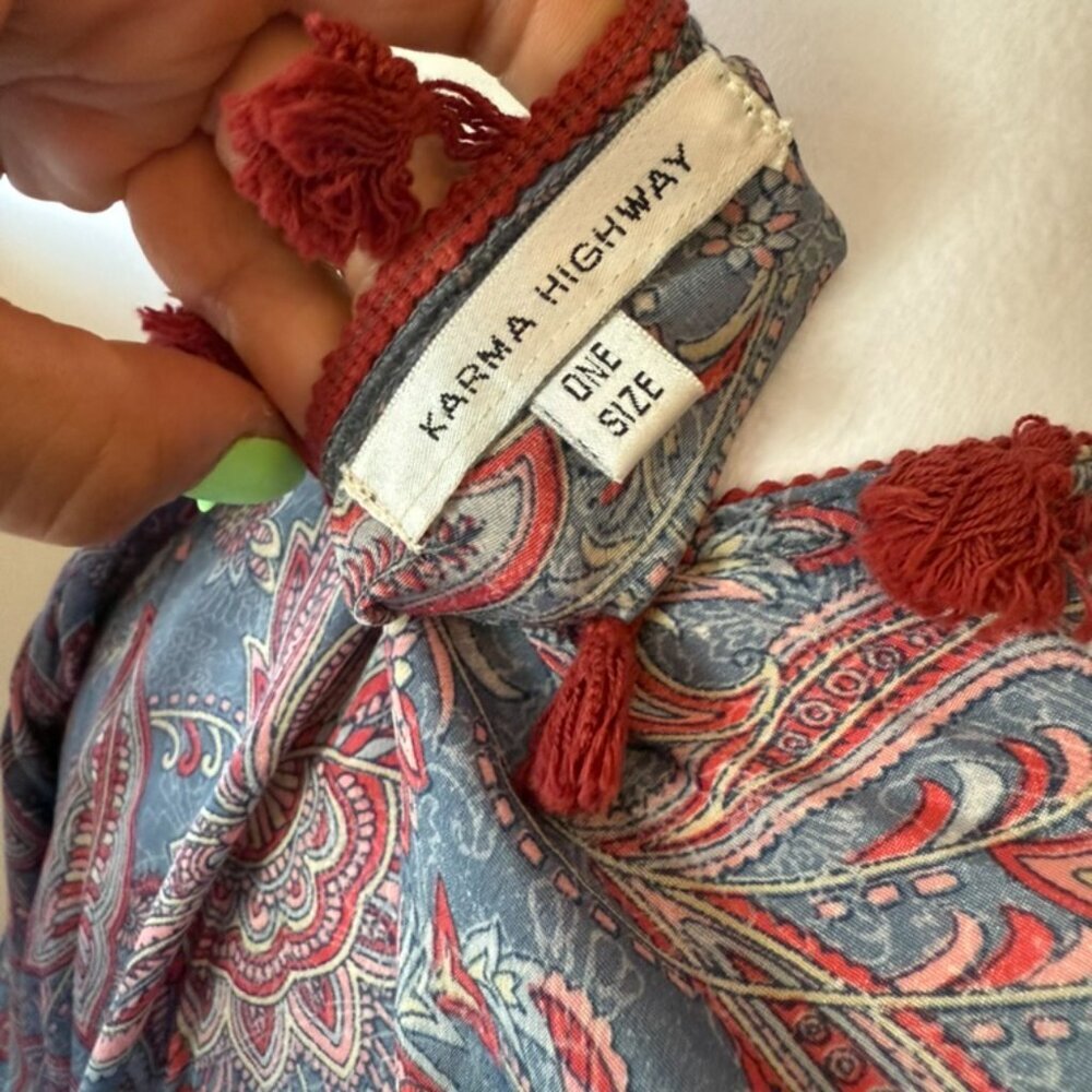 Karma Highway Blue Red Paisley V-neck Tassel Flutter Long Sleeve Mini Dress NWOT - Picture 7 of 7